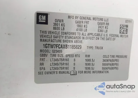 2011 GMC Savana 2500 Work Van z USA, uszkodzony, nr VIN 1GTW7FCAXB1185829